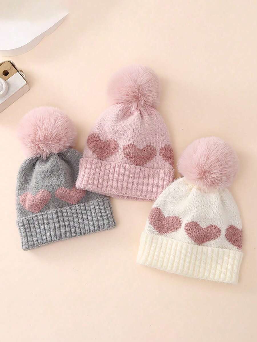 1 件婴儿双层加厚提花心形针织帽，可爱温暖女童针织帽 - 1PC - 查看 1