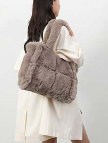 Túi Tote Nhung Màu Be Dung Tích Lớn Mùa Thu Mới, Thiết Kế Tối Giản Thời Trang Túi Đeo Vai Nữ Dành Cho Học Sinh, Đi Làm Hàng Ngày - màu nâu - Xem 3