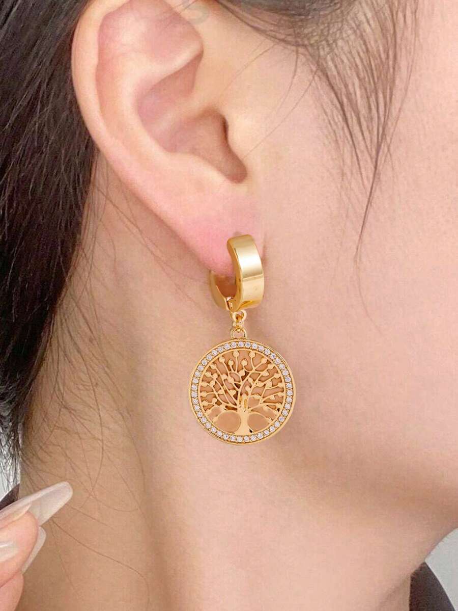 1pair Fashion Simple Stainless Steels Rhinestone Tree Of Life Drop Earrings For Women Glamour Party Jewelry Gifts