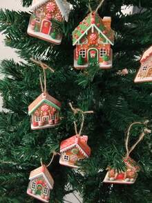 12 pièces - Ornements de maison en pain d'épices pour décoration de sapin de Noël, ornements de Noël en bois à suspendre, décorations de Noël de maison en pain d'épices à suspendre pour décorations de fêtes, décorations de sapin de Noël, décoration de maison, motifs de fêtes, décorations de maison, décoration de bureau, décoration d'arbre et décoration de fête