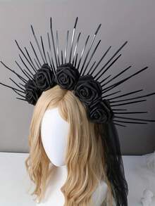 1 件哥特式黑女巫玫瑰头带，金色太阳和月亮发饰，万圣节舞台表演服装道具 - 彩色 - 查看 11