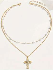 قلادة قلادة ذهبية متعددة الطبقات مزينة بالكريستال الاصطناعي والأحجار اللامعة - مجوهرات دينية متنوعة للنساء، مناسبة للارتداء اليومي والاكسسوارات العطلات، تصميم أنيق وعصري، ضروري للأزواج