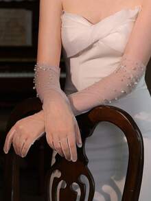 1 双优雅白色长串珠网新娘手套，婚礼派对摄影道具配件秋季配饰