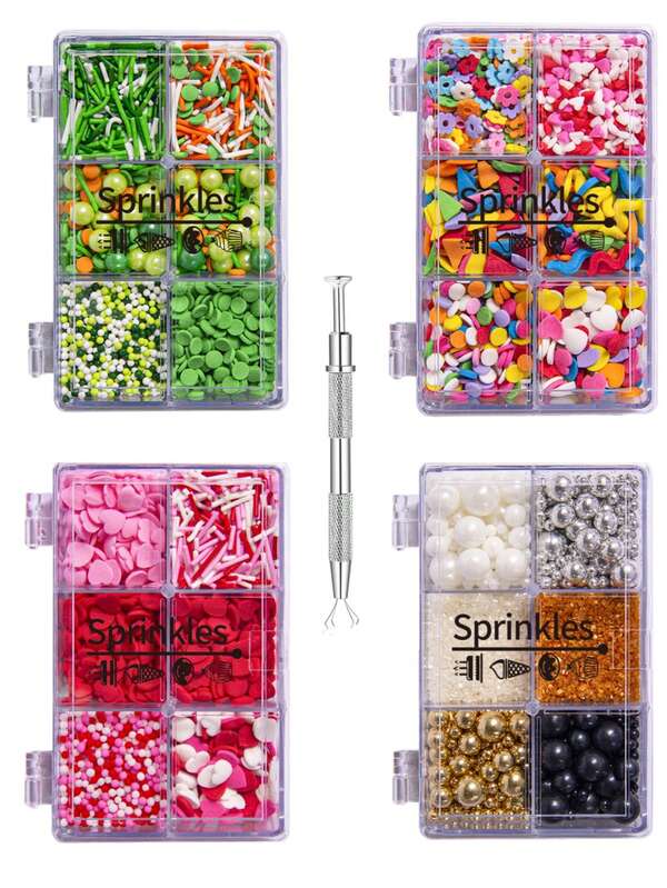 Mezcla de chispas de azúcar - Perlas de caramelo comestibles con bolígrafo de 4 garras, paquete de caja de regalo, decoraciones para pasteles de hornear, coberturas para helados y decoración de galletas, decoraciones para bodas, fiestas, Día de San Valentín, Día de la Madre, suministros de decoración de pasteles de Navidad