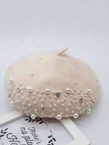 1 件男女通用 Y2K 风格珍珠和水钻贝雷帽，户外防风休闲保暖冬季帽，适合日常通勤 - 米色 - 查看 2