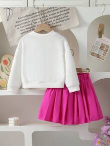 Nuevo conjunto de 2 piezas de estilo europeo y americano de moda: sudadera con capucha de manga abullonada con estampado de niña y falda plisada rosa - Blanco - Ver 2