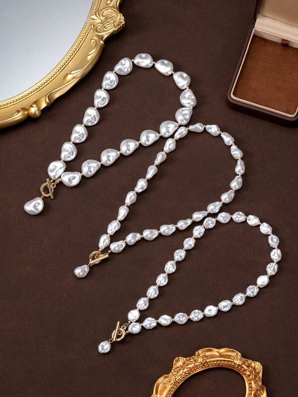 1pc Fashionable Asymmetrical Faux Pearl Beaded Pendant Necklace With OT Clasp, Suitable For Women's Evening Party, Vacation And Daily Wear, Available In 3 Bead Sizes