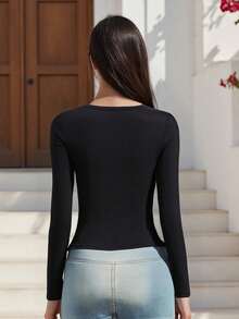 Women Solid Long Sleeve Shirts Slim Fit Deep V Neck Cut Out Crop Tops For Spring Fall Streetwear - Black - View 5