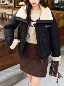 Cappotto corto imbottito e chic da donna, con colletto e polsini in pelliccia sintetica, caldo, invernale, a maniche lunghe, vestibilità regular, con zip e tasche