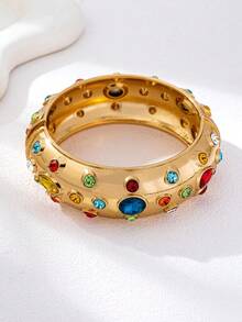 1 chiếc vòng tay đá quý nhiều màu sắc bất đối xứng đính kim loại phong cách Châu Âu thanh lịch, cổ điển và đa năng, vòng tay vàng dày đính đá quý ngẫu nhiên, phù hợp cho trang phục hàng ngày, thường ngày, đi nghỉ của phụ nữ và làm quà tặng cho bạn bè và gia đình - Vàng - Xem 6