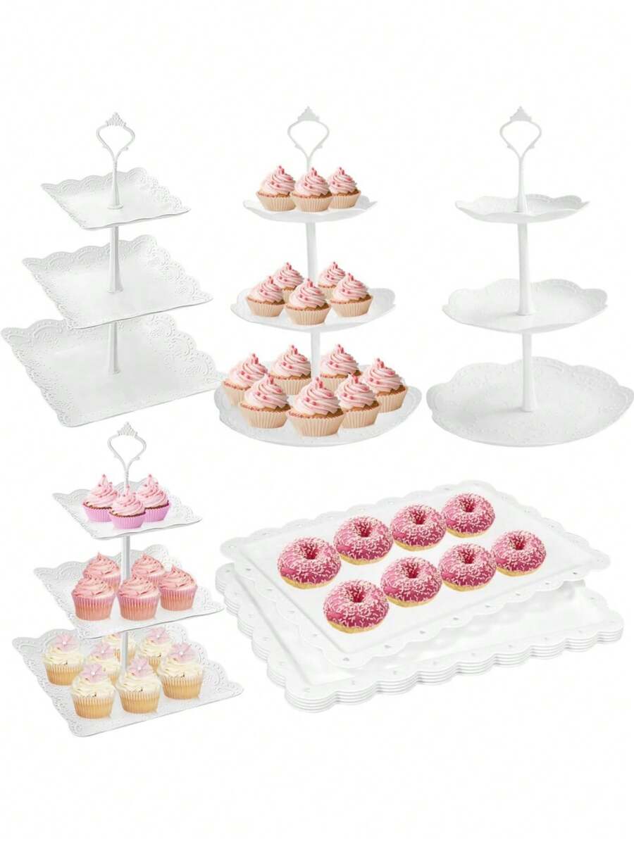 10pcs European Style 3-Tier Cake Stand, Plastic White Dessert Display Set For Afternoon Tea, Wedding, Baby Shower, Party, Includes 4pcs Cake Plate, 3pcs Cupcake Stand, 6pcs Dessert Tray