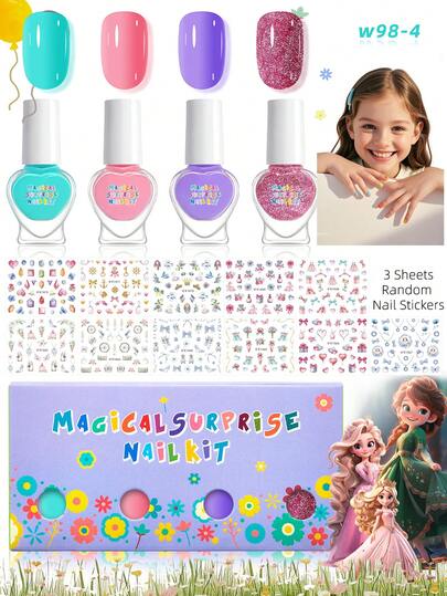 7件套（4瓶指甲油+3张随机美甲贴纸）儿童美甲沙龙套装，马卡龙糖果色闪光指甲油，卡通可爱美甲贴纸（爱心、蝴蝶结、甜点图案），适合女孩，儿童美甲装饰配件，俱乐部、学校活动及礼物