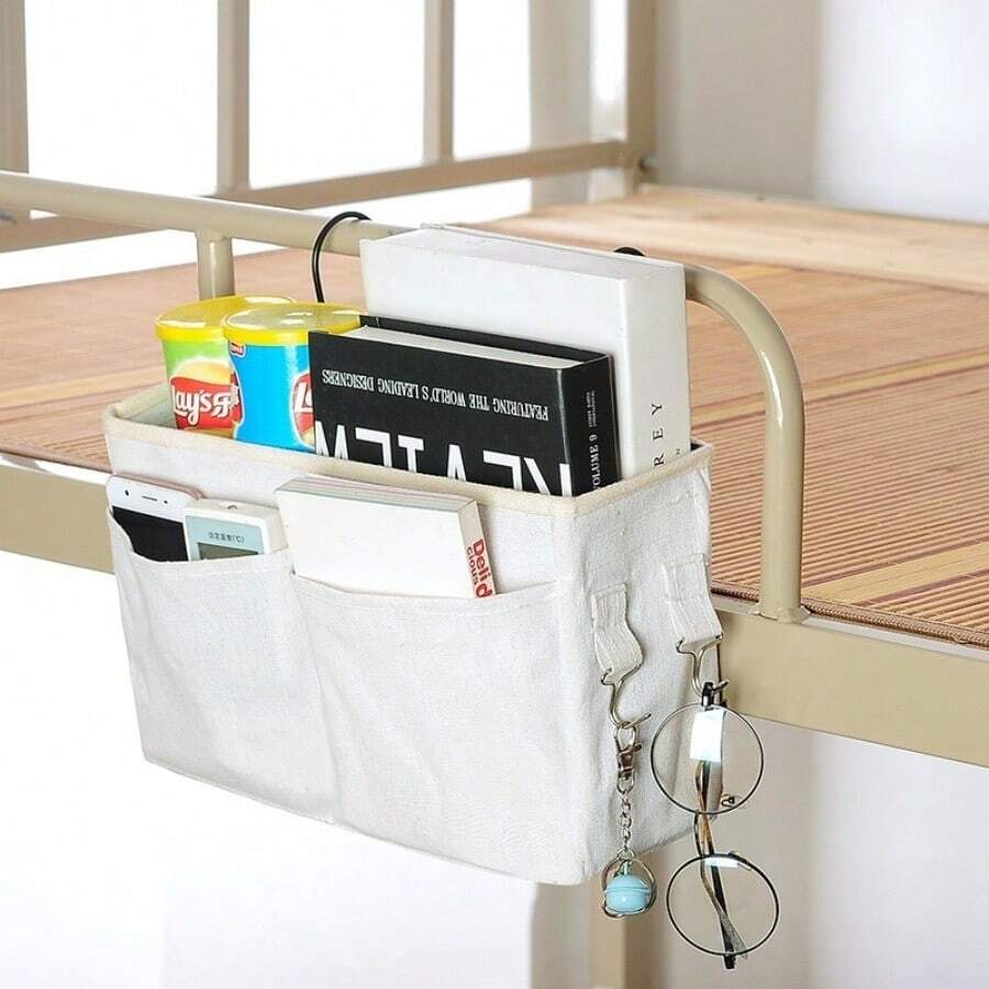 Bedside Hanging Storage Caddy, Dorm Bed Organiser With Hooks For Books, Remote Controls & Small Bedroom Essentials - White - View 1
