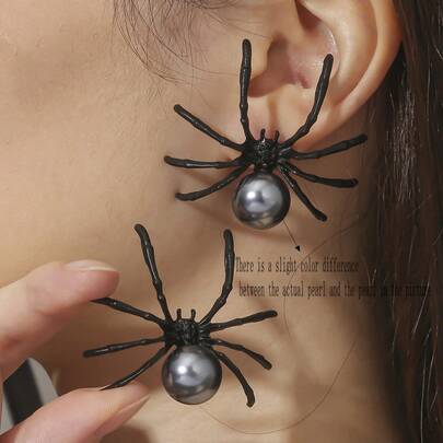 2pcs Elegant Halloween Theme Black Faux Pearl Spider & Insect Dangle Earrings, For Women's Daily Wear