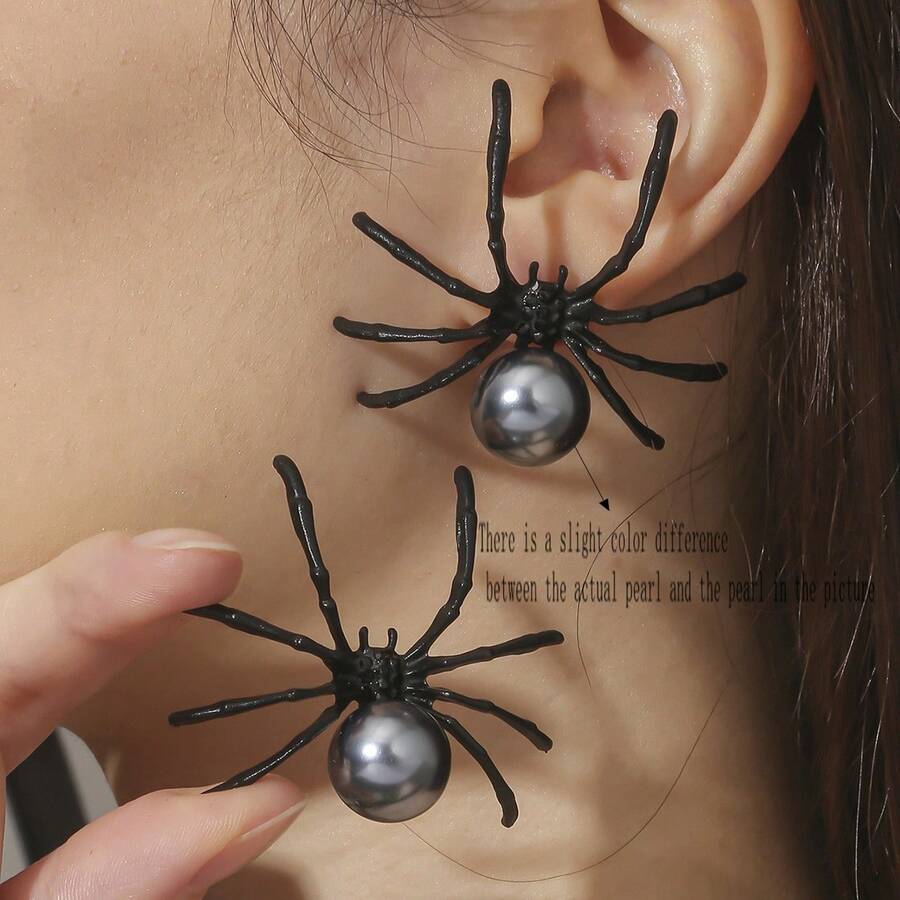2入組優雅萬聖節主題黑色仿珍珠蜘蛛和昆蟲吊墜耳環,時尚女性日常佩戴