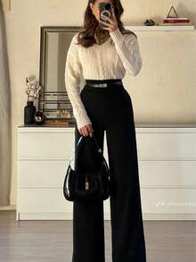 女式罗纹针织 V 领长袖套头衫，绞花针织，常规长度，略有弹性，舒适上衣 - 奶油色 - 查看 8