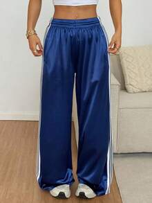 Women's Satin Wide Leg Track Pants - Side Stripe Elastic Waist Trousers For Christmas, Holiday, Daily Casual & Streetwear Outfits - 藍色 - 查看 9