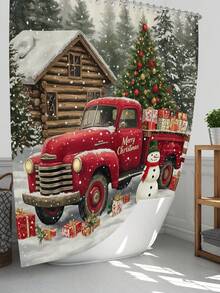 1 pièce/4 pièces Ensemble de rideaux de douche avec camion rouge vintage et sapin de Noël, rideau de douche imprimé avec 12 crochets, tapis de bain antidérapant, tapis en U et housse de siège de toilette ronde, ensemble de salle de bain pour toutes les occasions