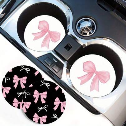1 Set Of 2 Pink Bow Patterned Car Cup Holder Pads, Universal Compatible, Made Of Natural Rubber Anti Slip Polyester Back, Absorbent Knitted Fabric, Cute Cartoon Storage Pad, Used For Vehicle Interior Size 2.8 Inches, Washable, Single Weight 8 Grams