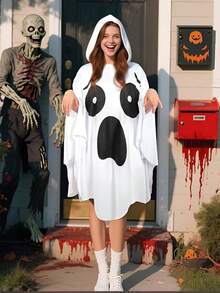 1pc Mid-Length Loose Breathable Moisture-Wicking Hooded Black & White Ghost Cloak Costume, Halloween Stage Performance White Cloak With Ghost Face Decoration, Funny Ghost Robe Outfit