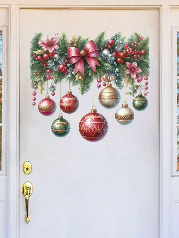 1 pieza Pegatina de puerta de Navidad clásica con lazo y bola de Navidad, pegatina de pared autoadhesiva para sala de estar, dormitorio, decoración del hogar, decoración navideña, decoración de dormitorio, decoración de cocina