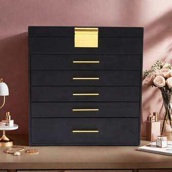 BOOVO 5-stöckige Schmuckbox mit großer Kapazität für Frauen, weiche Samtauskleidung, Kunstlederoberfläche, mit Halskettenhaken und Make-up-Spiegel, geeignet zum Aufbewahren verschiedener Schmuckstücke, tolles Geschenk für Feiertage