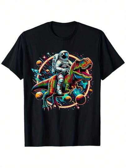 Camiseta gráfica de astronauta montando un dinosaurio T-Rex, 100% algodón, camiseta casual de cuello redondo, tela de punto para todas las estaciones con ligera elasticidad, impresión de transferencia de calor digital, ajuste holgado - tallas S-XXXL, ropa casual| Camiseta gráfica caprichosa| Parte superior lavable a máquina