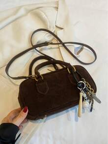 Vintage Fashion Versatile Texture Boston Bag, Exquisite Hanging Decoration Large Capacity Small Square Bag, Niche Design Solid Color Imitation Suede Crossbody Bag, Suitable For Commuting, Shopping And Work - Coffee - View 9