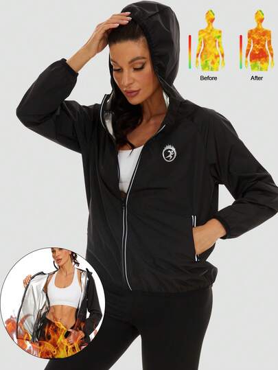 一件式女士桑拿服，长袖拉链连帽桑拿卫衣塑身衣，适合春季健身房锻炼