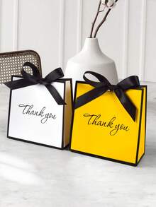 10个/5个/1个创意黑白感谢袋，经典配色，浪漫黑色丝带蝴蝶结，优雅艺术“谢谢”字样印花，适用于感恩节、节日礼物、优雅生日礼物包装、婚礼回礼、圣诞节、新年、日常感恩、生日派对、纪念品、企业客户答谢等场合。 - 白色-黑邊 - 查看 9