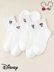 1/5/10双刺绣卡通图案中筒袜套装，米老鼠，米妮，雏菊，卡通人物袜子，，女士袜子，白色袜子，黑色袜子，女士袜子，宽松袜子，长筒袜，隐形袜，情侣袜，周穿袜， - 彩色 - 查看 5