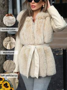 Giolshon 女士优雅仿毛皮连帽外套，带口袋和腰带，适合秋冬季穿着 - 米色 - 查看 1