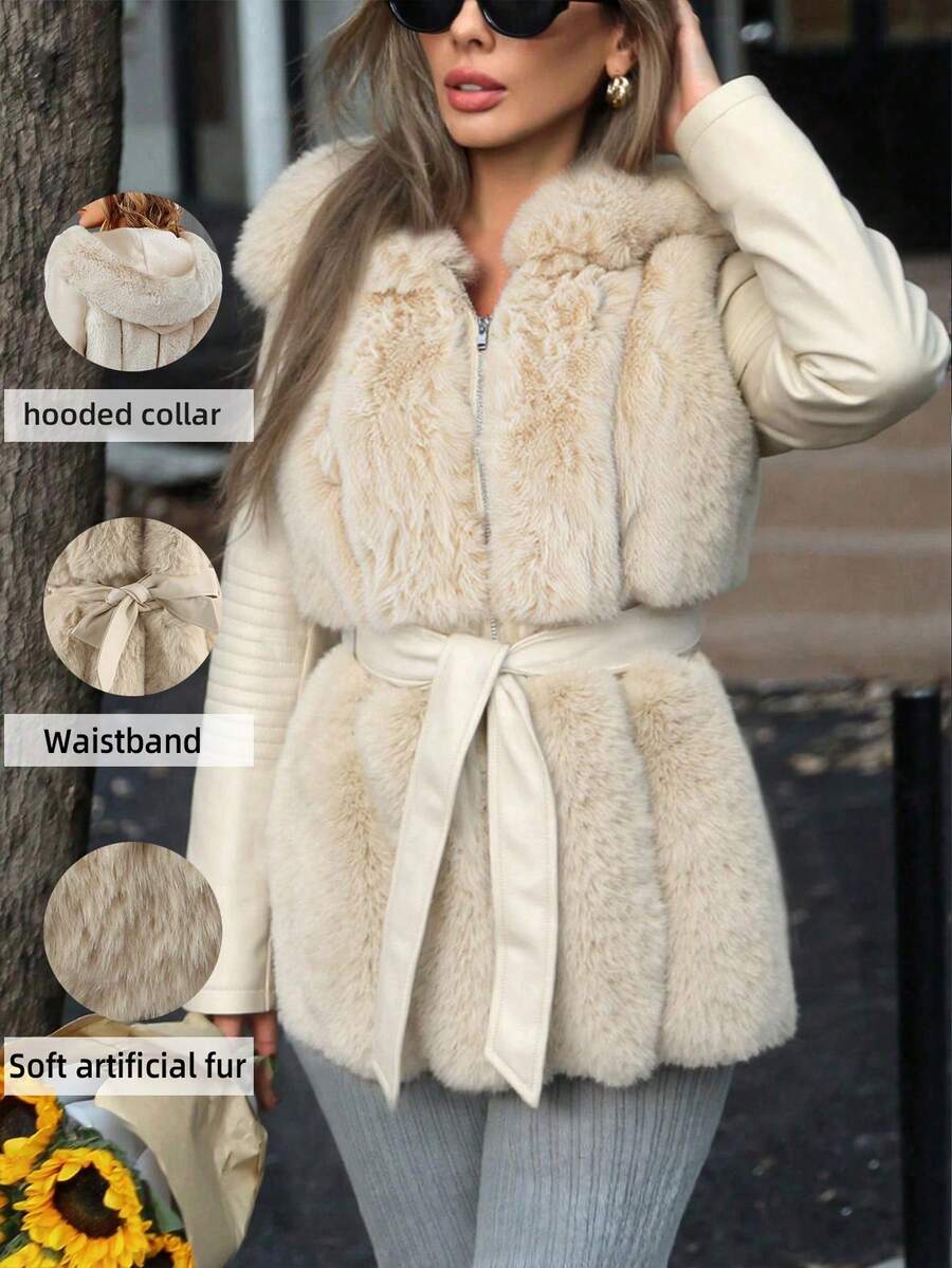 Giolshon 女士优雅仿毛皮连帽外套，带口袋和腰带，适合秋冬季穿着 - 米色 - 查看 1