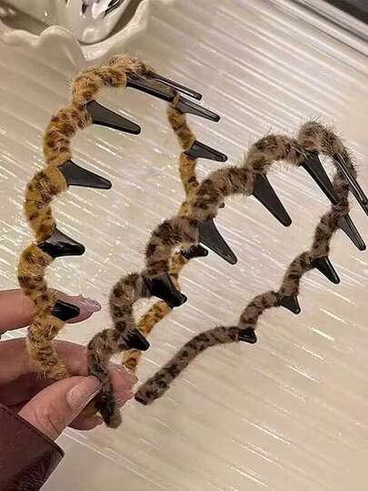 豹纹毛绒波浪发带，优雅迷人，女士秋冬新款高顶骷髅头洗脸发夹气质额头断发整理发带，旅行摄影、派对聚会、日常佩戴、圣诞节、万圣节等各种节日均适用。