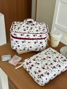 1 pieza/Set Bolsa de cosméticos acolchada con estampado floral rojo de pana, organizador de maquillaje, bolsa de maquillaje multifuncional y portátil, bolsa de aseo, adecuada para cosméticos, cuidado de la piel, protector solar, crema de manos, regalo para dama de honor, regalo para el Día del Maestro, regalo de cumpleaños, regalo de vacaciones, bolsa de cosméticos, regalo de Navidad, bolso pequeño, bolsa de almacenamiento de maquillaje, bolsa de almacenamiento mini, bolsa de almacenamiento de gran capacidad, regalo de Navidad, regalo creativo para mujeres - Multicolor - Ver 3