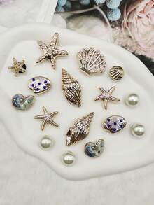 16PCS Golden Ocean Starfish Conch Resin Shoe Charms Bling Rhinestone Scallop Shell Clog Shoe Buckles DIY Decorations Faux Pearl Shoe Clip Accessories - Multicolor 16PCS Style No.267 - View 8