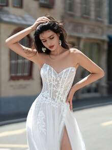 YOUKEFEIER 无肩带心形领口蕾丝刺绣褶皱美人鱼高开衩长款婚纱 - 米色 - 查看 3