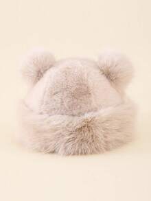 1pc Women's Fluffy Double Ball Bear Ear Shaped Beanie Hat, Warm And Suitable For Autumn/Winter Everyday Wear And Outings