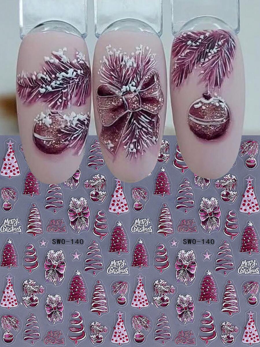 2PCS Pink Christmas Tree 5D Embossed Nail Stickers Bow Lights Crystal Ball Festival Bright Pattern Nail Art Decals Self-Adhesive Manicure Sliders Nail Accessories For Christmas New Year Holiday Gift