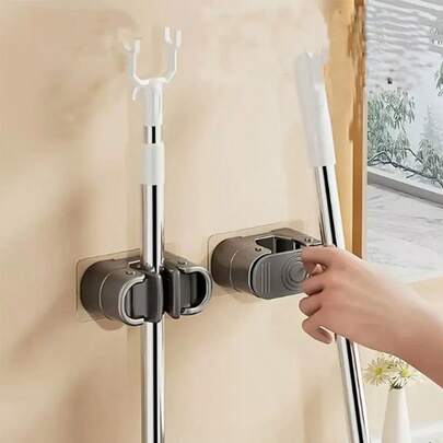 Mop Hanger, Home Storage Rack, Adhesive Mop & Broom Organizer Clip Rack, Brush Broom Hanger, Toilet Brush & Mop Holder, Storage Organizer For Bathroom, Laundry Room