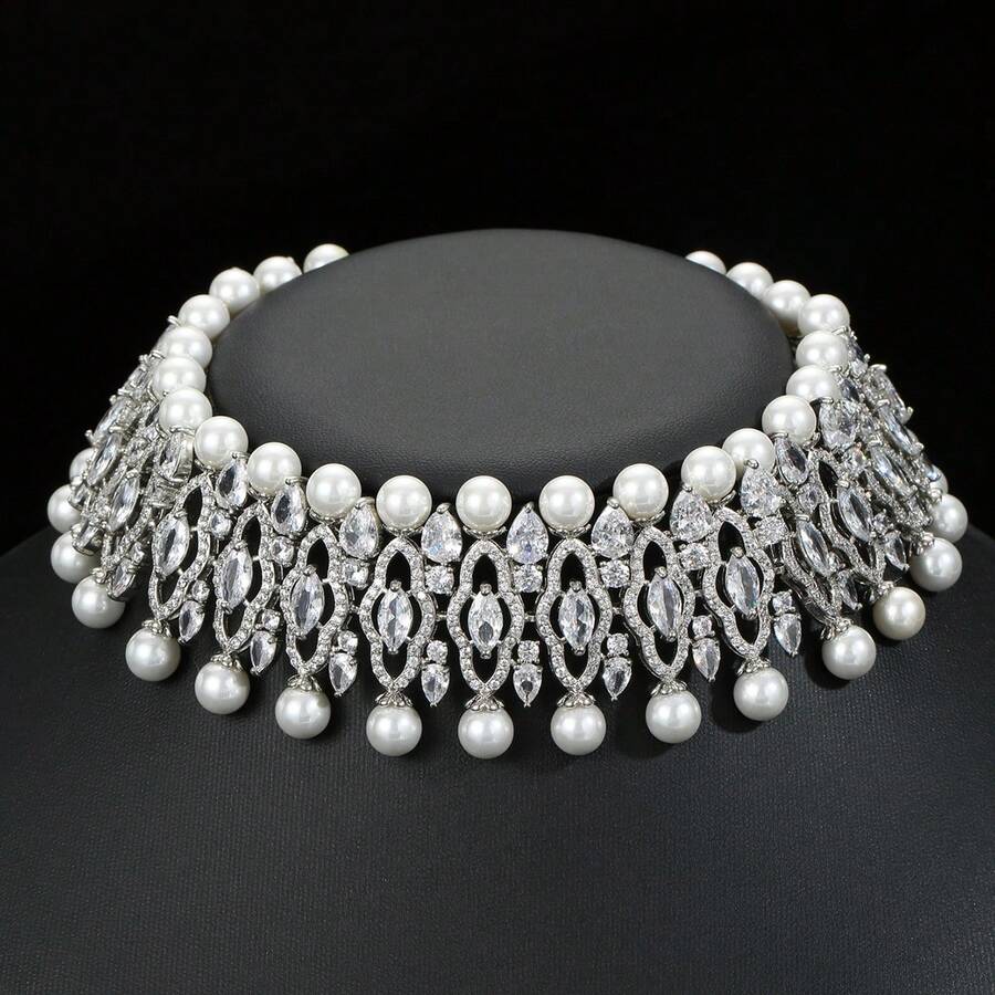 1 Stück modischer Luxus Zirkonia Halskette Perlenkette, geeignet für Bräute, Hochzeiten, formelle Anlässe, Partys, Feiertage, Geschenk für Frauen