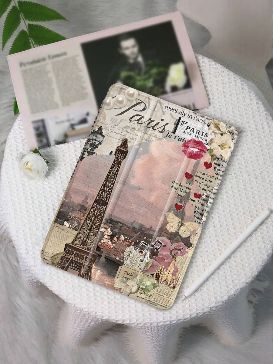 Paris-Themen Collage Muster Tablet Hülle, kompatibel mit iPad 9.7/10.2/10.5/10.9/12.9/Pro 11, 10. Generation, kompatibel mit Samsung Galaxy Tab S6 Lite 10.4 Zoll, kompatibel mit Kindle Paperwhite 12. Gen 2024, Kindle (11. Generation) 2022 Version, Kobo Clara Color, weicher Fallschutz, Smart Stand/Automatisches Aufwachen/Schlafen