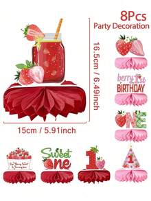 8 Piezas de centros de mesa con decoración de fresa, ornamentos de panal de fresa, suministros para fiesta de cumpleaños feliz, baby shower, decoración temática de fresa para fiesta, decoraciones de mesa, decoración del hogar, Navidad