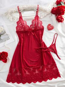 2 chiếc/Bộ đồ ngủ ren khoét sâu gợi cảm cho nữ, thích hợp mặc ở nhà và hẹn hò lãng mạn - Màu Đỏ Sâu - Xem 2