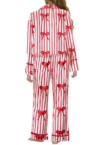 Mommy And Me Matching Pajamas Bow/Heart Print Tie Front Long Sleeve Tops And Long Pants Set Family Matching Sleepwear - Đỏ - Xem 5