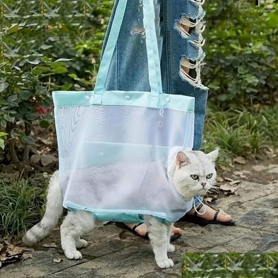 1pc Breathable Mesh Pet Carrier - Portable Travel Tote For Dogs And Cats, Light Blue Detachable Strap, Transparent Design For Easy Pet Access, Compact And Lightweight For Hiking, Vacation, And Outdoor Use, Outdoor Pet Travel|Breathable Mesh Bag| Pet Carrier, Dog Cat Carrier