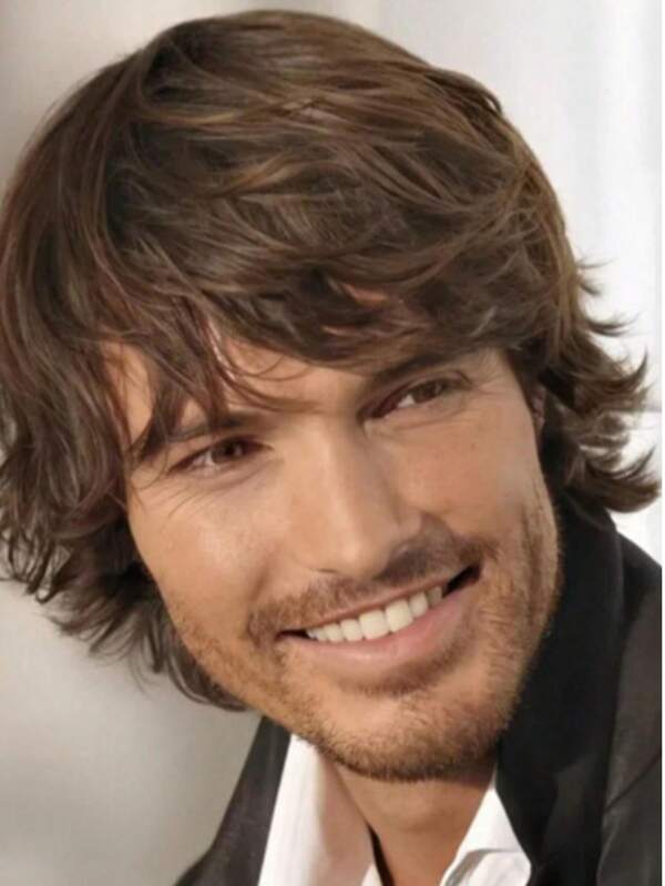 Peruka męska modna, ciemnobrązowa, puszysta, podzielona, 10-calowa, długa, prosta, peruka z grzywką, peruka odporna na ciepło, styl europejski, do codziennego noszenia, peruka na Halloween