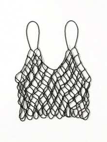 DEKUNER 串珠露脐吊带背心，独特设计，百搭款式，镂空针织V领，配有可爱蝴蝶结的身体链，是送给女性的绝佳礼物。 - 亮黑色 - 查看 5