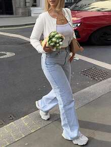 2025 Nowy modny kardigan w stylu streetwear, zapięcie na guziki, jednolity kolor, dopasowany krój, długi rękaw, bluzka damska