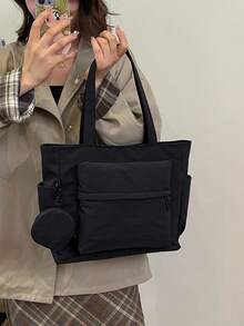 1 chiếc túi xách unisex dung tích lớn kèm ví, kiểu dáng Hàn Quốc mới, balo dành cho sinh viên, túi đeo chéo thường ngày, túi vải bố có ngăn đựng laptop, nhẹ và có thể gấp gọn, kiểu dáng cổ điển, cần thiết cho thanh thiếu niên, nữ sinh viên và giáo viên. - màu đen - Xem 7